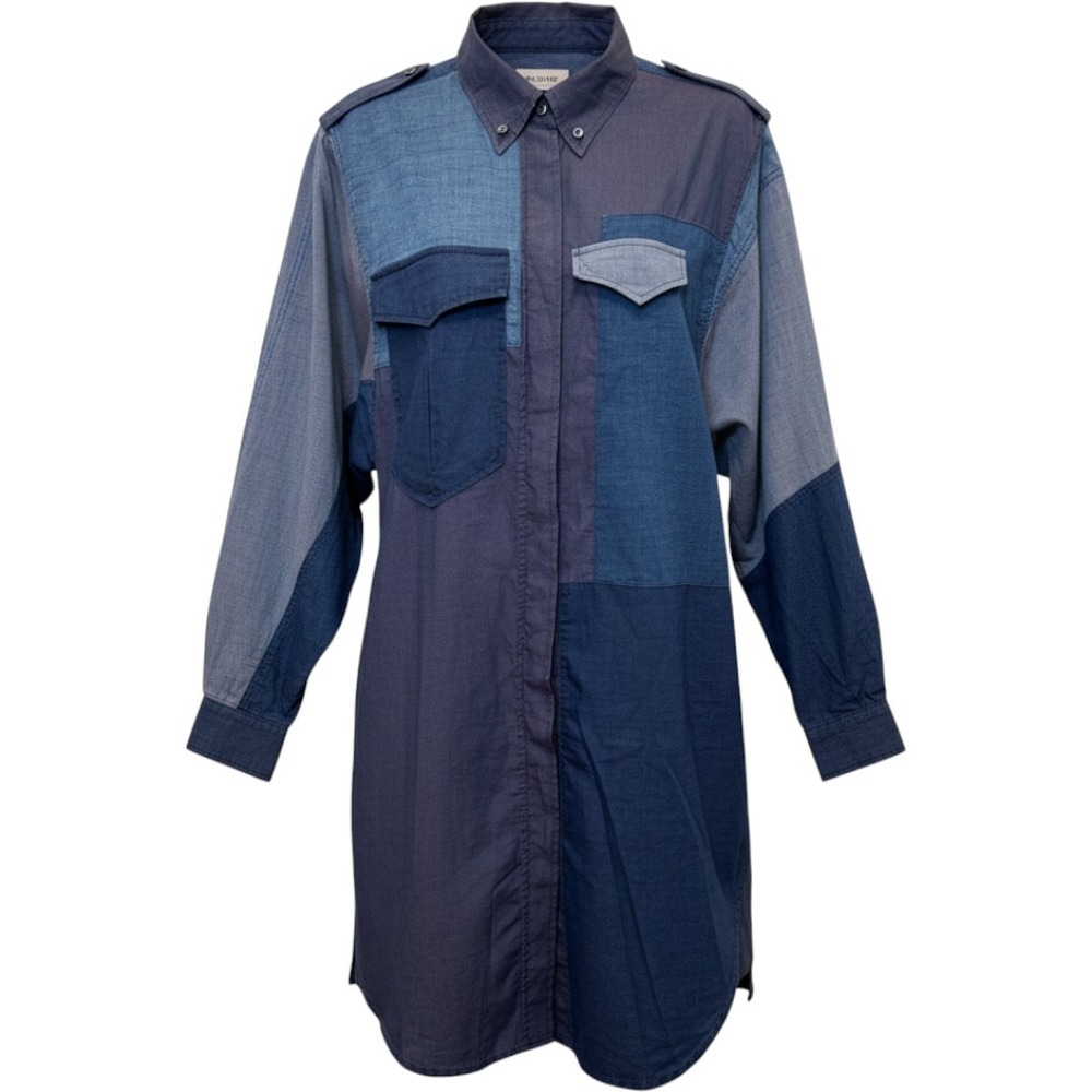 Isabel Marant Shirt Dress Blue Patchwork Long Sleeve Cotton Designer